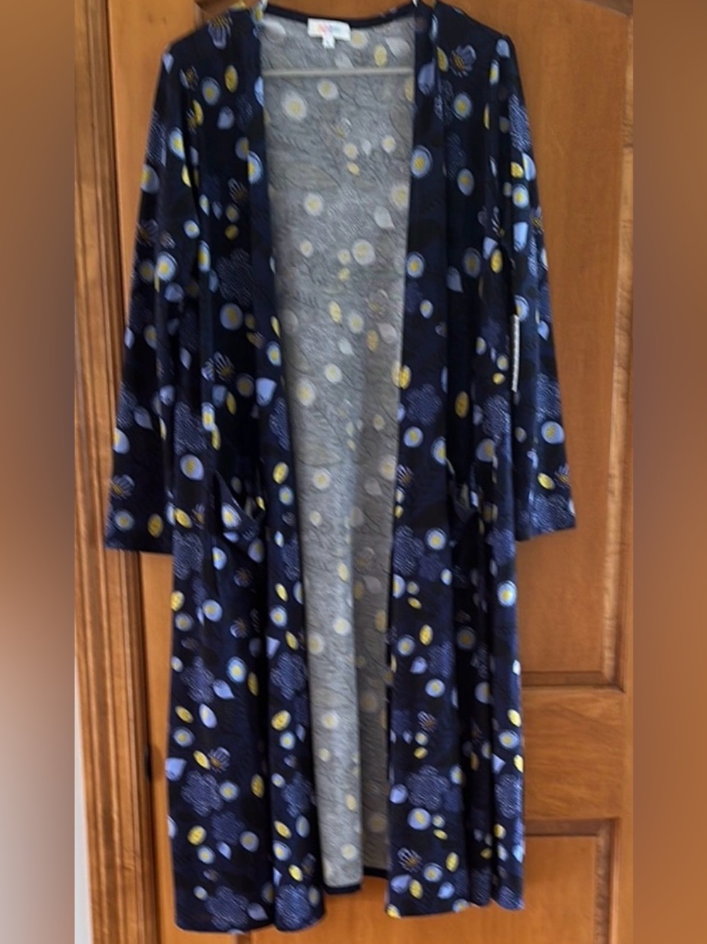LuLaRoe Sarah Navy Yellow Floral Duster Long Cardigan Large NWT